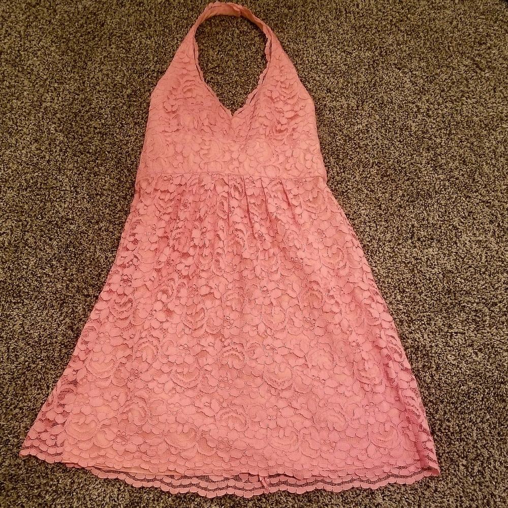 David's Bridal Lace Peach Halter Dress